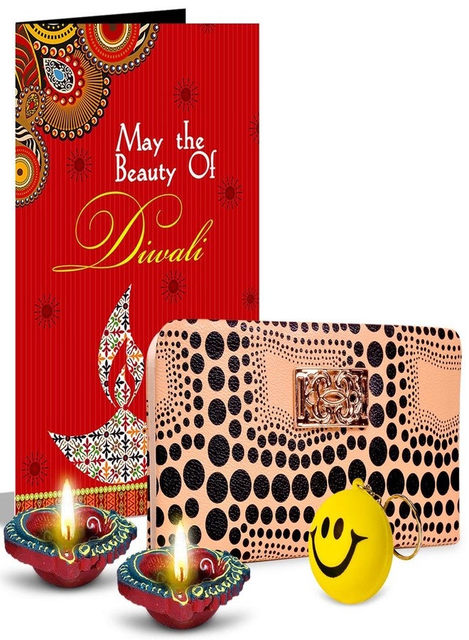 Alwaysgift May The Beauty of Diwali 2 Diyas, Ladies Wallet, Smiley Keychain,s & Greeting Card Combo Set - Image 1