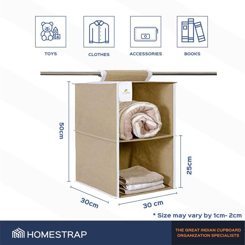HomeStrap Non Woven Fabric Hanging 2 ShelfCompartment Clothes Storage Wardrobe Organizer BeigePack Of 2Seen On Shark Tank - Image 3