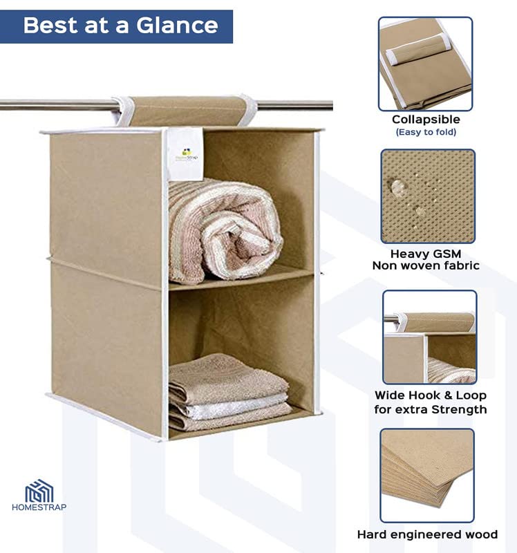 HomeStrap Non Woven Fabric Hanging 2 ShelfCompartment Clothes Storage Wardrobe Organizer BeigePack Of 2Seen On Shark Tank - Image 5