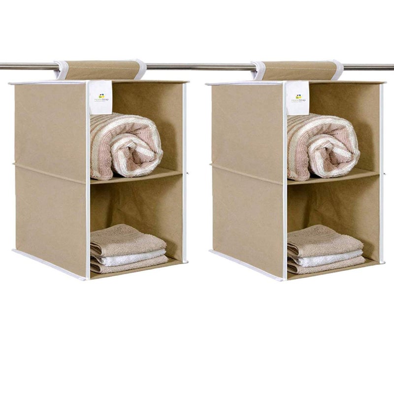 HomeStrap Non Woven Fabric Hanging 2 ShelfCompartment Clothes Storage Wardrobe Organizer BeigePack Of 2Seen On Shark Tank - Image 1