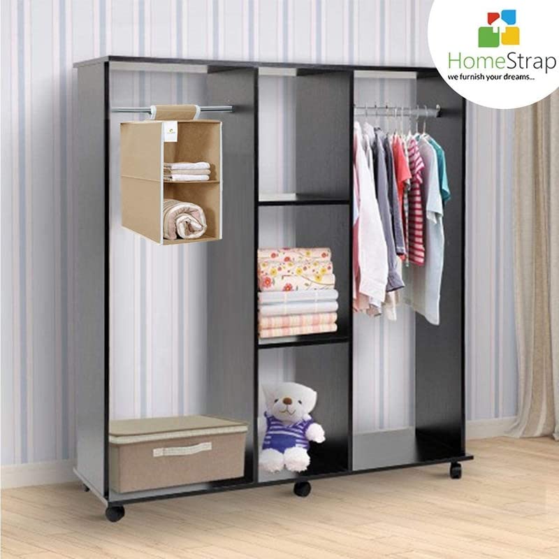 HomeStrap Non Woven Fabric Hanging 2 ShelfCompartment Clothes Storage Wardrobe Organizer BeigePack Of 2Seen On Shark Tank - Image 2