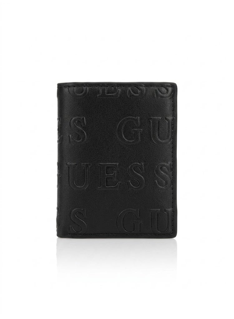 GUESS Men's Vertical Bifold Wallet - All-Over Embossed Logo - Black