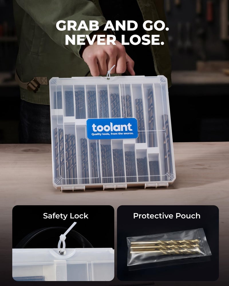 toolant 108Pcs Drill Bit Set,Cobalt Drill Bits Index for Hardened Metal,Stainless Steel,Plastics, Wood,Titanium Twist Jobber Drill Bits Bulk 1/16"-3/8", with Plastic Index Storage Case - Image 5