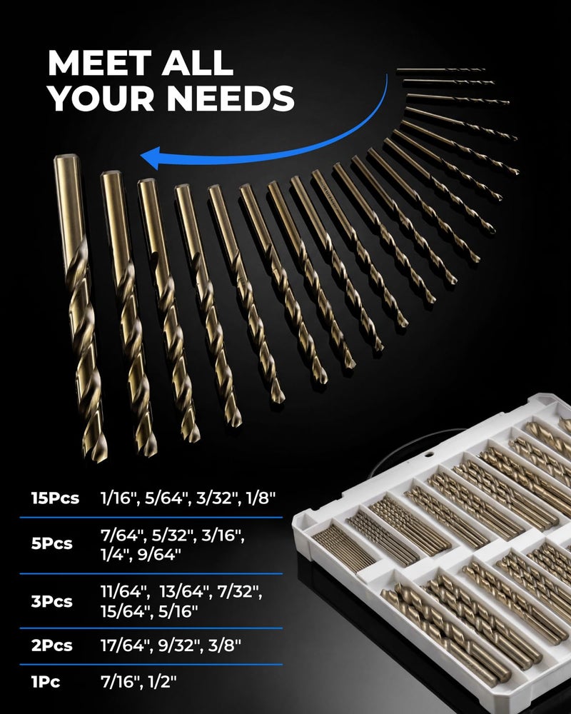 toolant 108Pcs Drill Bit Set,Cobalt Drill Bits Index for Hardened Metal,Stainless Steel,Plastics, Wood,Titanium Twist Jobber Drill Bits Bulk 1/16"-3/8", with Plastic Index Storage Case - Image 4