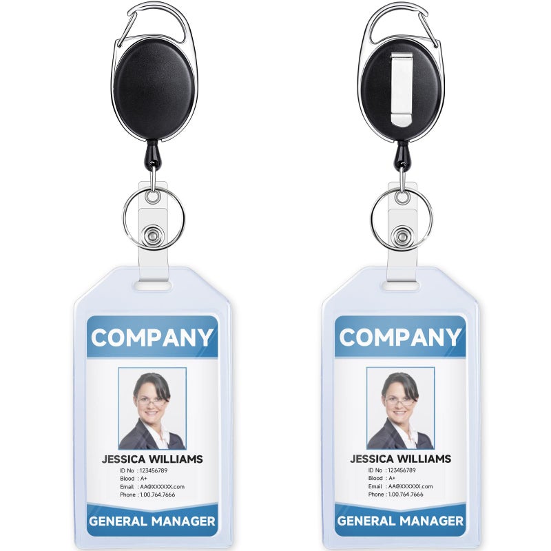 Teskyer 2 Pack Heavy Duty Retractable Badge Holders with Carabiner Reel Clip and Extra Thick Clear Name Tag ID Card Holders, Vertical - Image 1