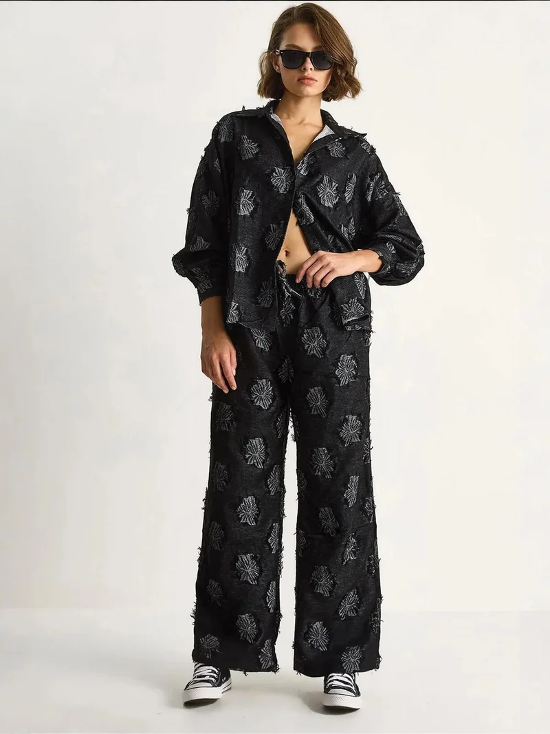 Bianco Lucci LUCCI Embroidered Oversized Shirt and Wide Leg Trousers Co-Ord Set
