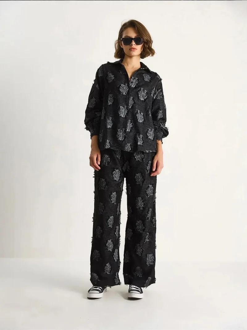 Bianco Lucci LUCCI Embroidered Oversized Shirt and Wide Leg Trousers Co-Ord Set