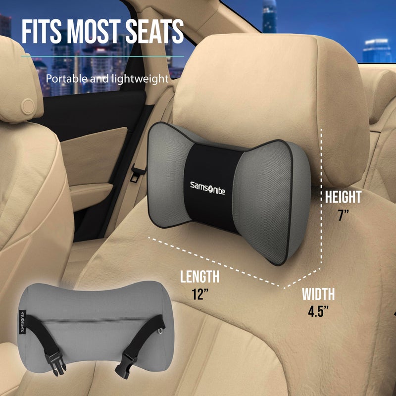 Samsonite Neck Pillow for Car - Ergonomic Memory Foam Headrest Cushion - Car Seat Support for Driving Comfort - Compact Neck Rest - Travel Pillow for Long Road Trip, Grey - Image 2