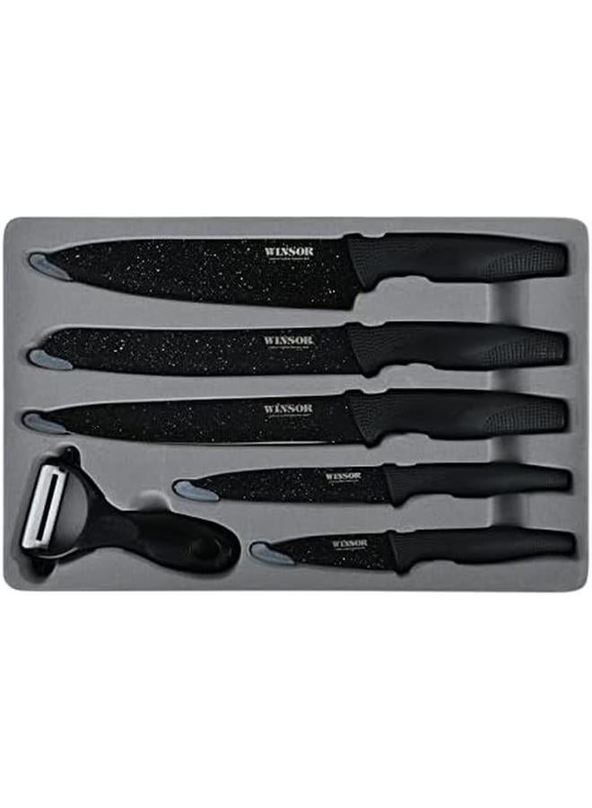 Winsor Non Stick Knife 6 Pcs Set Ceramic Peeler Chef Knife Bread Knife Slicer Knife Utility Knife Paring Knife Black - Image 2
