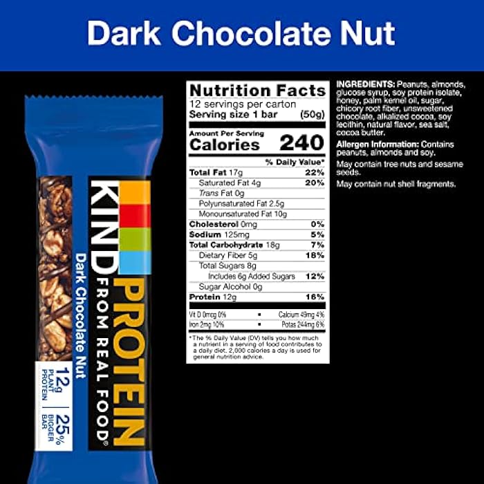 KIND Protein Snack Bar, Dark Chocolate Nut, Healthy Snacks, Gluten Free, 12g Plant Protein, 12 Count - Image 2
