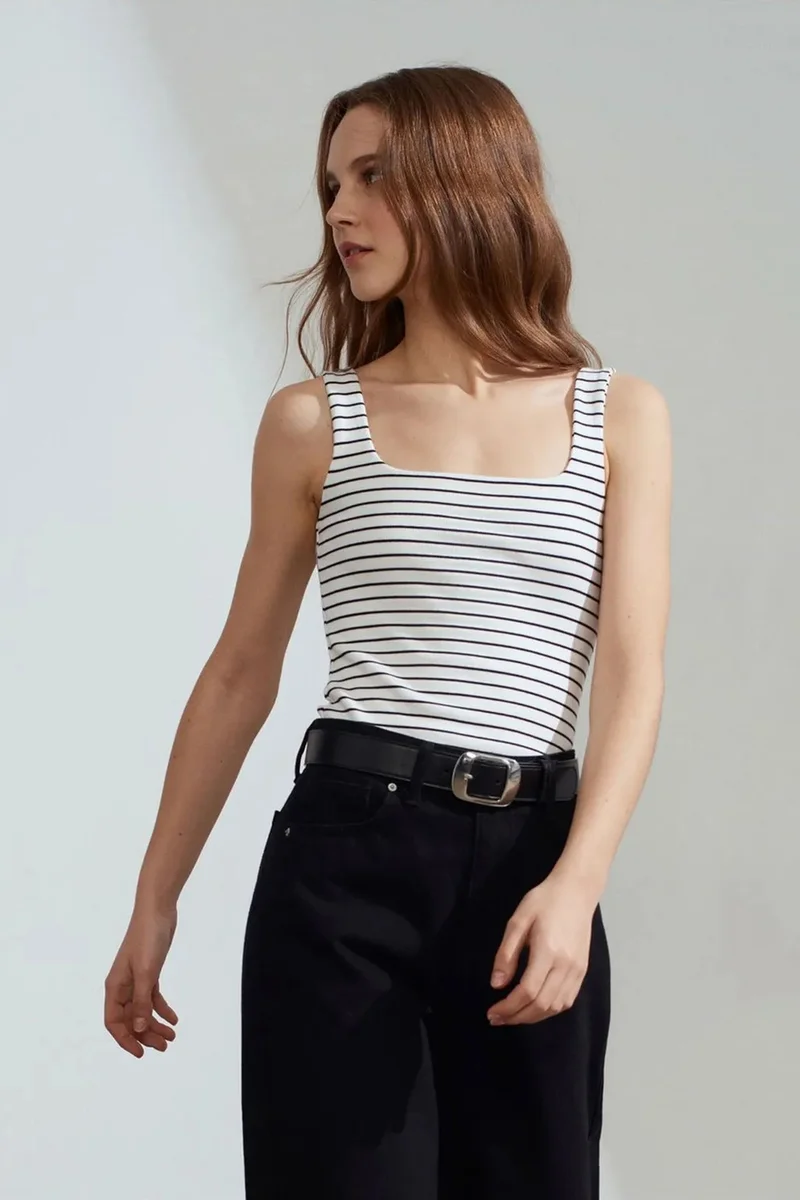 Dilvin White DILVIN Striped Ribbed Sleeveless Cami Blouse for Women | Best Price UAE