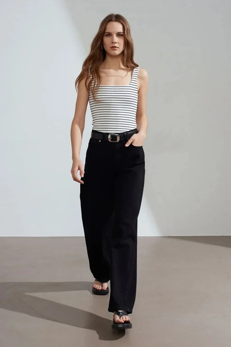 Dilvin White DILVIN Striped Ribbed Sleeveless Cami Blouse for Women | Best Price UAE