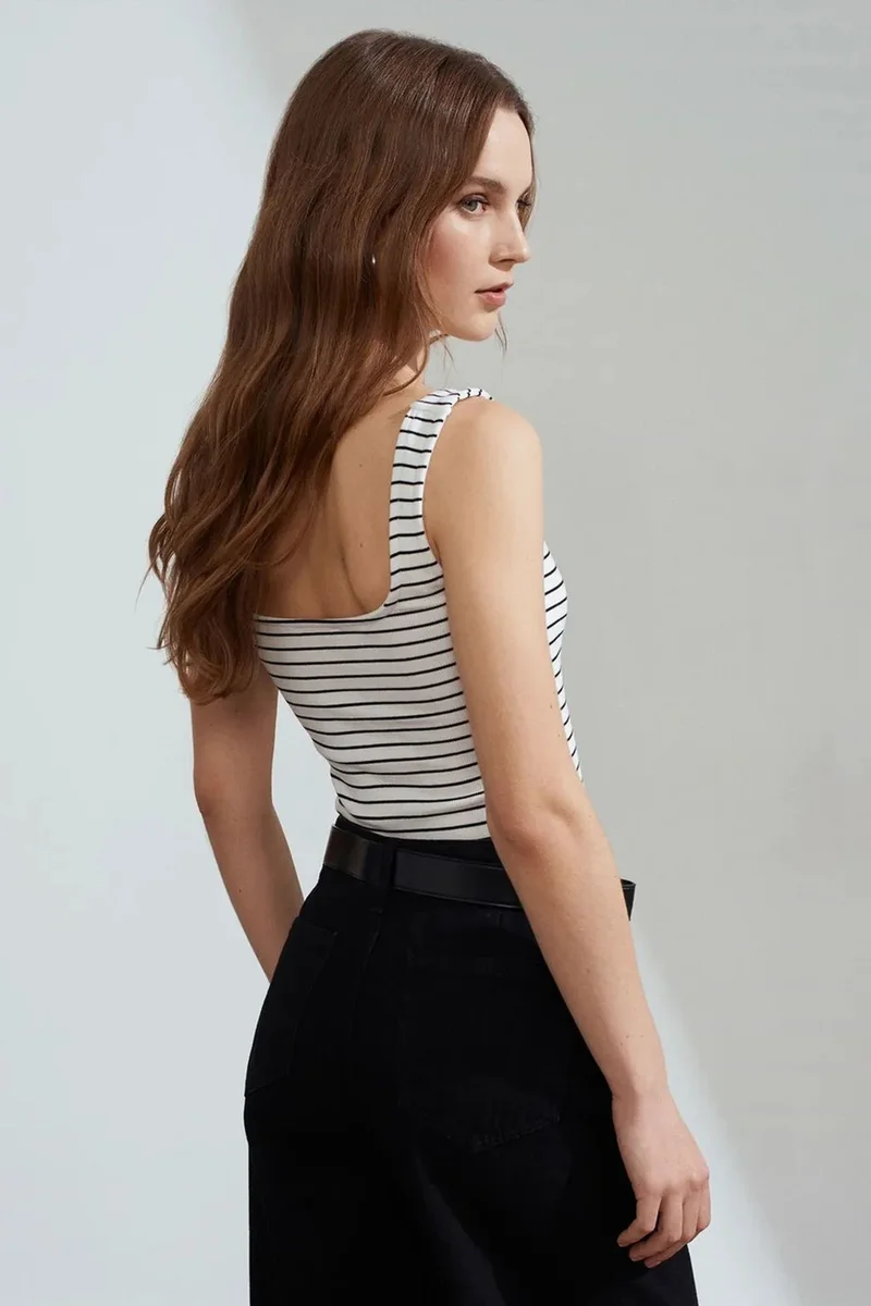 Dilvin White DILVIN Striped Ribbed Sleeveless Cami Blouse for Women | Best Price UAE