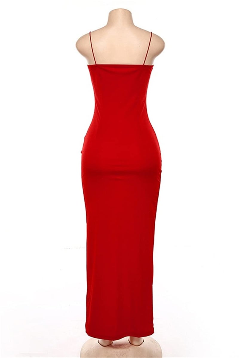 PRIMODA Women's Spaghetti Strap Bodycon Maxi Dress Long Formal Thigh-high Slit Club Wedding Guest Dress(Red M) - Image 5