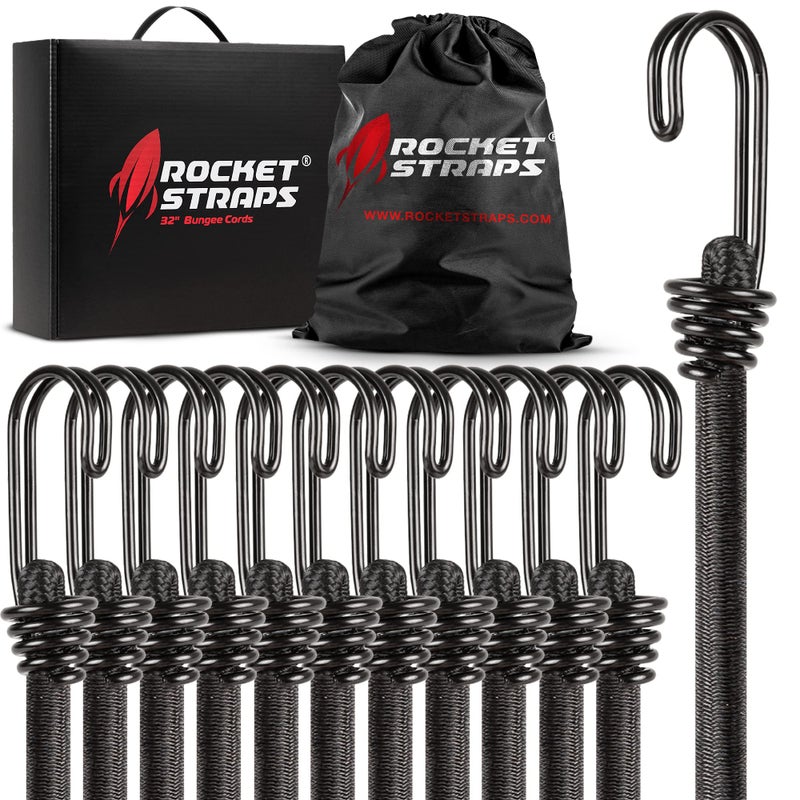 Ultimate Outdoor Bungee Cord Assortment  Heavy Duty Set of 12 Bungee Cords DoubleJ Hooks  Elastic Straps for Camping Securing and DIY 12pc  32 Double J Hooks