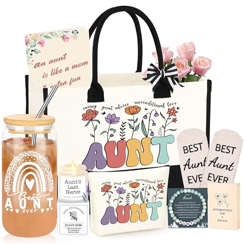 DOGMEM Aunt Gifts Best Auntie Gift ideas Brithday Gift from Niece Nephew Tote Bag Makeup Bag 16 Oz Can Glass Christmas Gifts for Aunt - Image 1