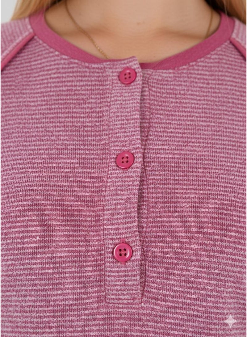 زيكوتكس  جلابية نسائية طويلة مريحة بنقشة متعرجة وأكمام طويلة - وردي داكن/توتي - Image 2