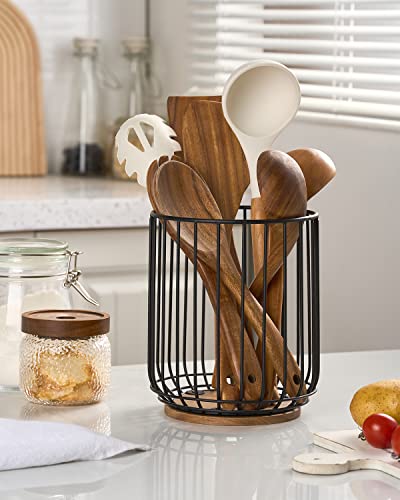 getstar Kitchen Utensil Holder, Large Wire Utensil Holder for Kitchen Counter (W6.2” x H7.5”) with Acacia Base - Image 4