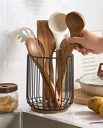 getstar Kitchen Utensil Holder, Large Wire Utensil Holder for Kitchen Counter (W6.2” x H7.5”) with Acacia Base - Image 2