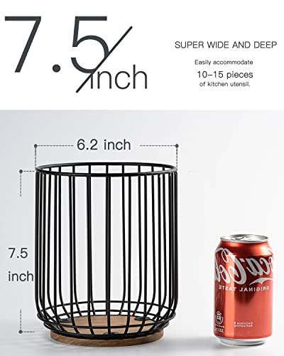 getstar Kitchen Utensil Holder, Large Wire Utensil Holder for Kitchen Counter (W6.2” x H7.5”) with Acacia Base - Image 3