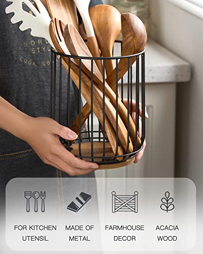 getstar Kitchen Utensil Holder, Large Wire Utensil Holder for Kitchen Counter (W6.2” x H7.5”) with Acacia Base - Image 5