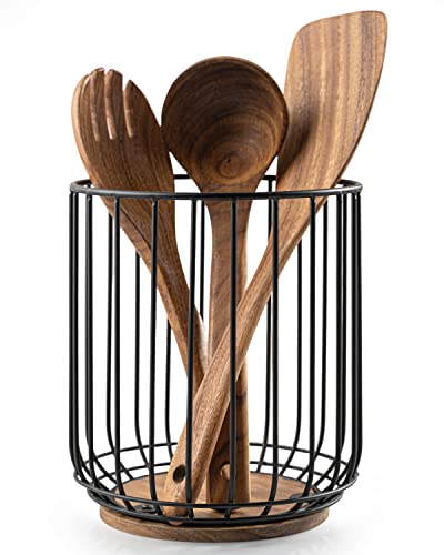 getstar Kitchen Utensil Holder, Large Wire Utensil Holder for Kitchen Counter (W6.2” x H7.5”) with Acacia Base - Image 1