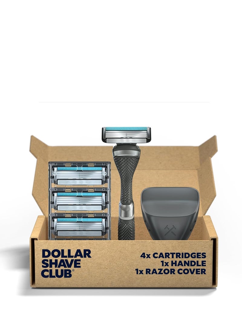 DOLLAR SHAVE CLUB Dollar Shave Club - Shaving Kit with Diamond Grip Razor Handle, 4-Blade Blade Refills, & Blade Cover, Easy to Grip Handle, for Travel, Blue  - Image 1