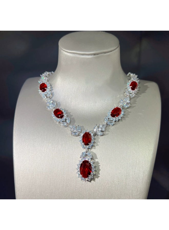 Ciara High-end luxury bridal zircon simulated ruby necklace, earrings, open ring for women, colorful gemstone full diamond temperament jewelry set - Image 4