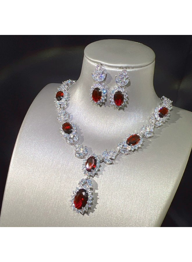 Ciara High-end luxury bridal zircon simulated ruby necklace, earrings, open ring for women, colorful gemstone full diamond temperament jewelry set - Image 3