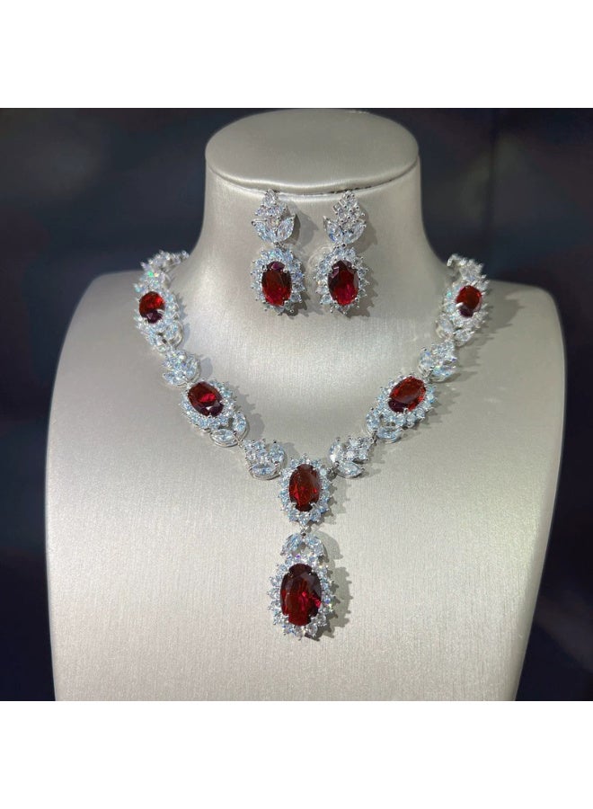 Ciara High-end luxury bridal zircon simulated ruby necklace, earrings, open ring for women, colorful gemstone full diamond temperament jewelry set - Image 1