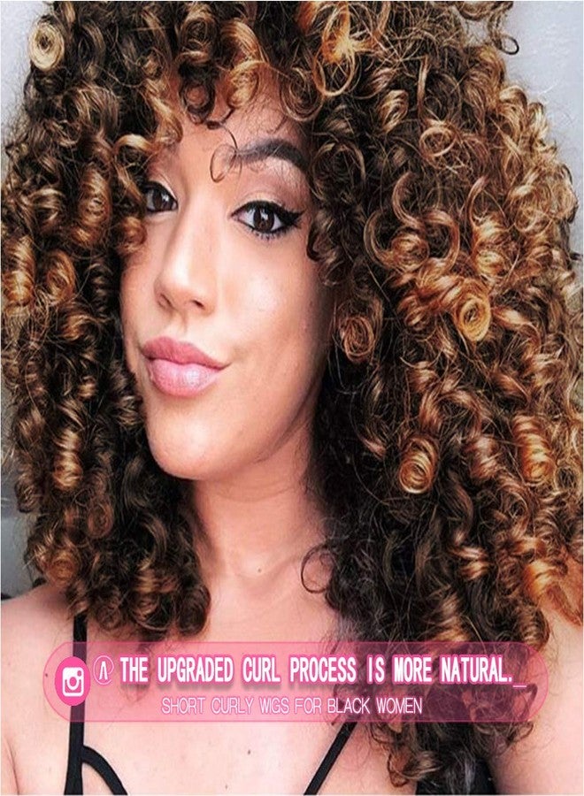 rosmile Curly Wigs for Black Women - Ombre Brown Synthetic African American Full Kinky Curly Afro Hair Wig with Bangs - Image 2
