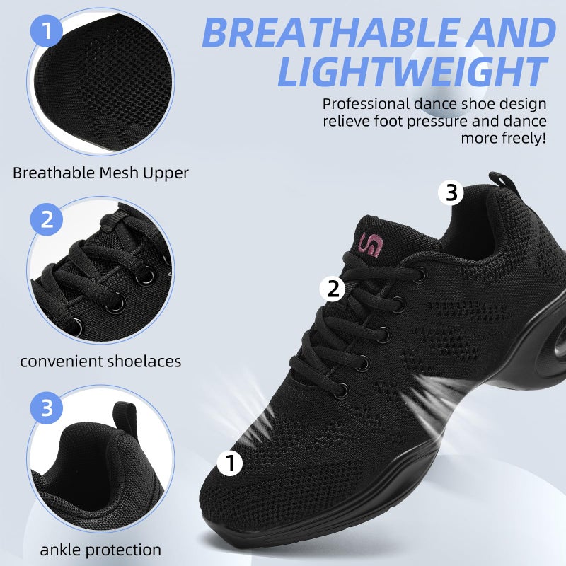PPQ Dance Shoes for Women Jazz Shoes Women Dance Sneakers Breathable Air Cushion Split Sole Athletic Walking Dance Shoes A Black,9.5 - Image 3