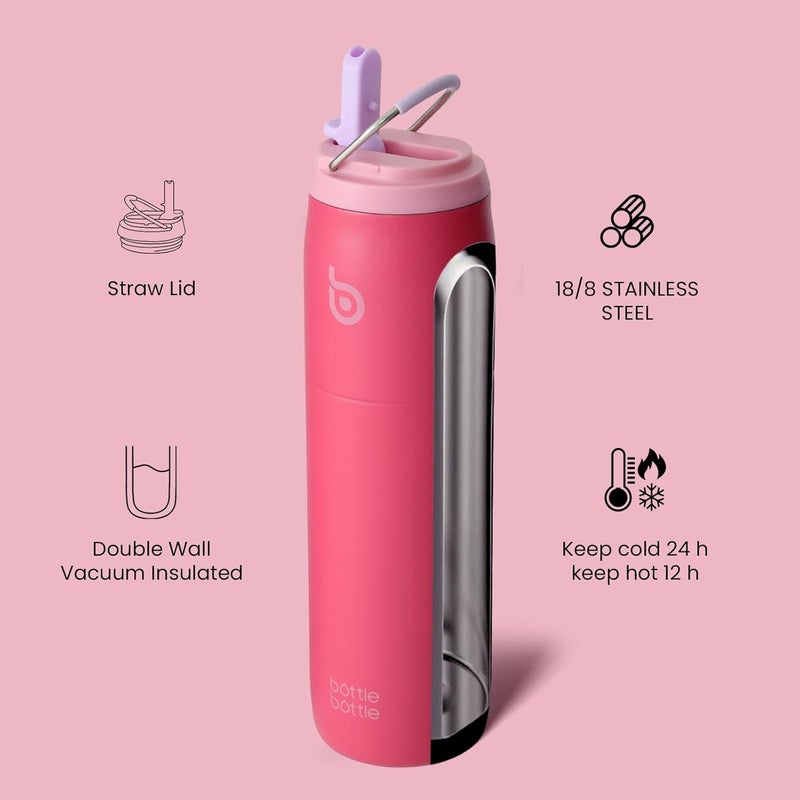 bottle bottle زجاجة زجاجة 32 أونصة زجاجة ماء من الفولاذ المقاوم للصدأ مع غطاء قشة - غروب الشمس الوردي - Image 2
