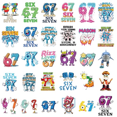INCOK Iron on Transfers for T-Shirts - 30 Pcs DIY 67 Shirt, Funny DTF Transfers Ready to Press, Colorful Six Seven Iron on Vinyl Design, Heat Transfer Stickers for Clothes Pillows Bag DIY Crafts - Image 2