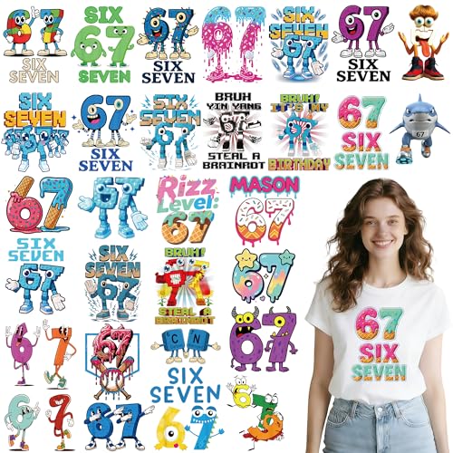 INCOK Iron on Transfers for T-Shirts - 30 Pcs DIY 67 Shirt, Funny DTF Transfers Ready to Press, Colorful Six Seven Iron on Vinyl Design, Heat Transfer Stickers for Clothes Pillows Bag DIY Crafts - Image 1