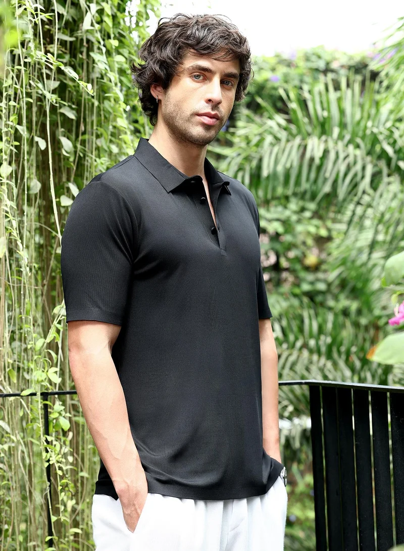 CAHOOT  Men's Onyx Black Seamless Ribbed Polo T-Shirt for Men | Best Price UAE