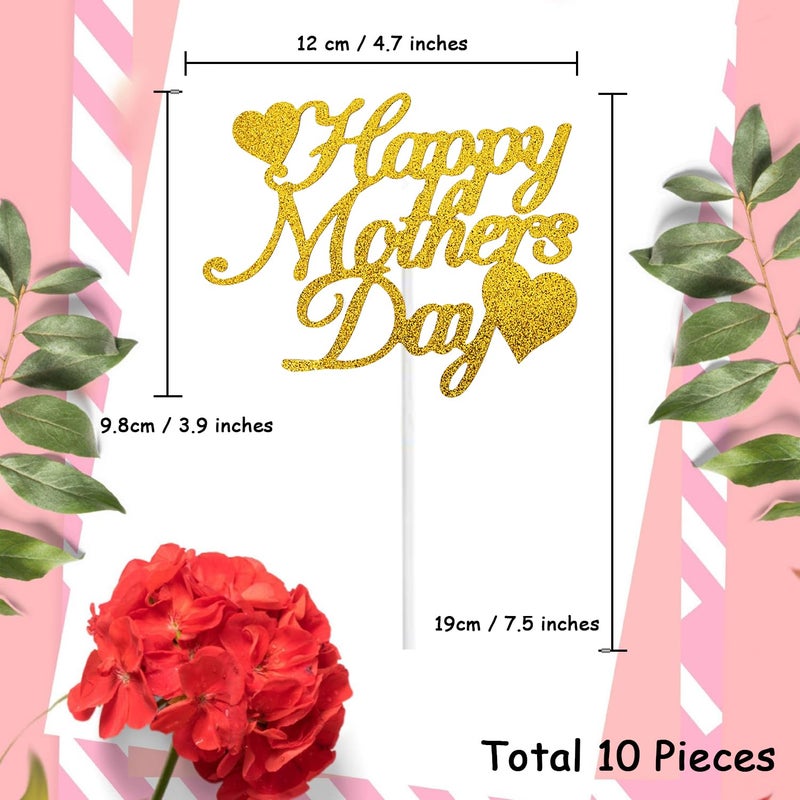 Chewarelly 10 Pack Happy Mothers Day Cake Toppers Set  Glitter Cake Bunting Decor Best Mom Ever Love Mother Cake Picks Party Decorations Supplies(Gold) - Image 2