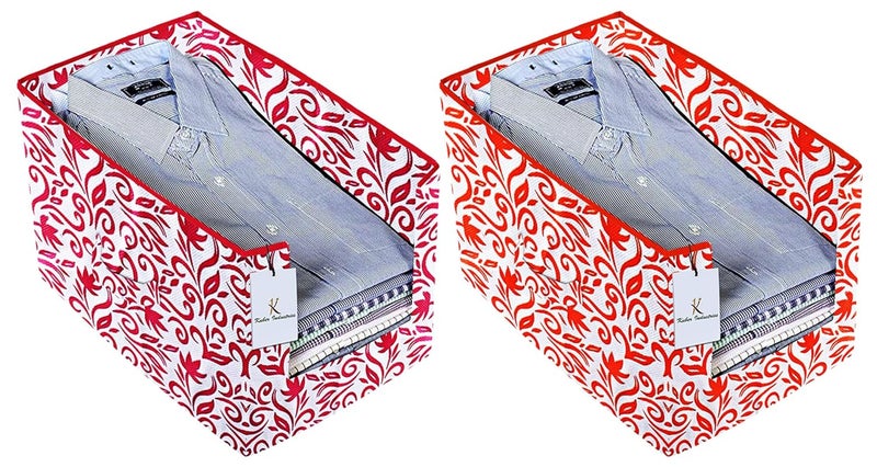 Kuber Industries Leaf Printed 2 Piece Non Woven Shirt Stacker Wardrobe Organizer Set Pink Red CTKTC35067 - Image 1