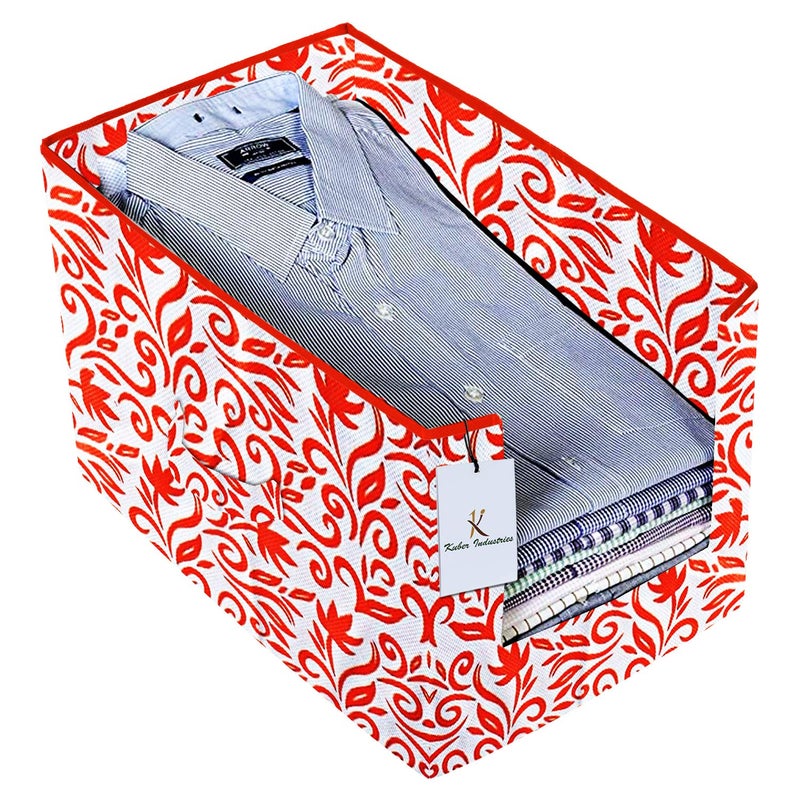 Kuber Industries Leaf Printed 2 Piece Non Woven Shirt Stacker Wardrobe Organizer Set Pink Red CTKTC35067 - Image 5