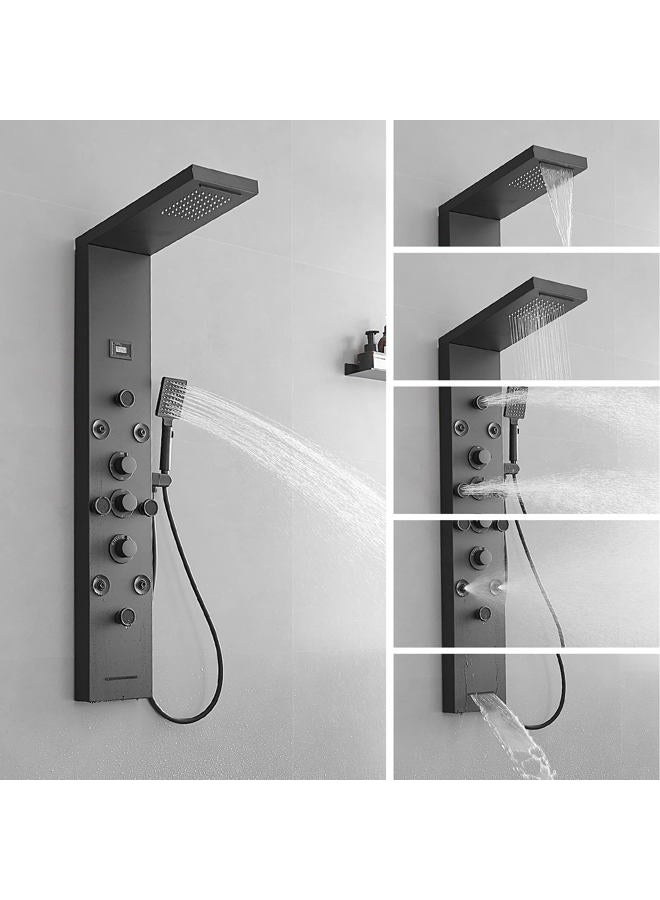BWE Shower Panel Rainfall Waterfall with Handheld Shower Matte Black 6 in 1 Stainless Steel Shower Tower Panel System Massage Body Jets with Bath Spout Water Temperature Display Wall Mount - Image 5