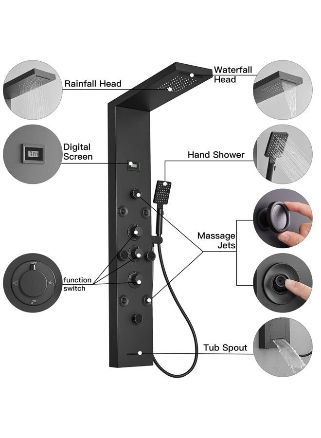 BWE Shower Panel Rainfall Waterfall with Handheld Shower Matte Black 6 in 1 Stainless Steel Shower Tower Panel System Massage Body Jets with Bath Spout Water Temperature Display Wall Mount - Image 2