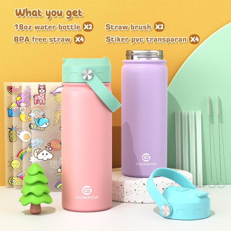 GoKEDA 18oz Kids Water Bottle, 2 Pack Insulated Bottles with Stickers, 18/8 Stainless Steel Vacuum Leak Proof Straw Cup for School, Gifts for Girls(Pink, Purple) - Image 2