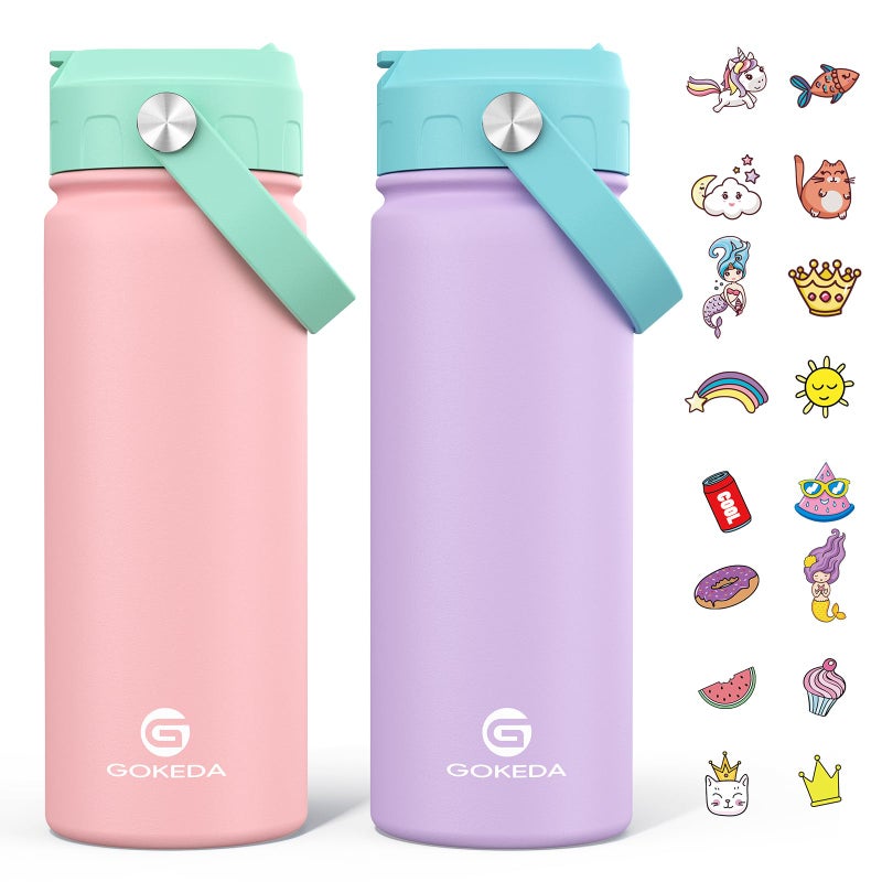 GoKEDA 18oz Kids Water Bottle, 2 Pack Insulated Bottles with Stickers, 18/8 Stainless Steel Vacuum Leak Proof Straw Cup for School, Gifts for Girls(Pink, Purple) - Image 1