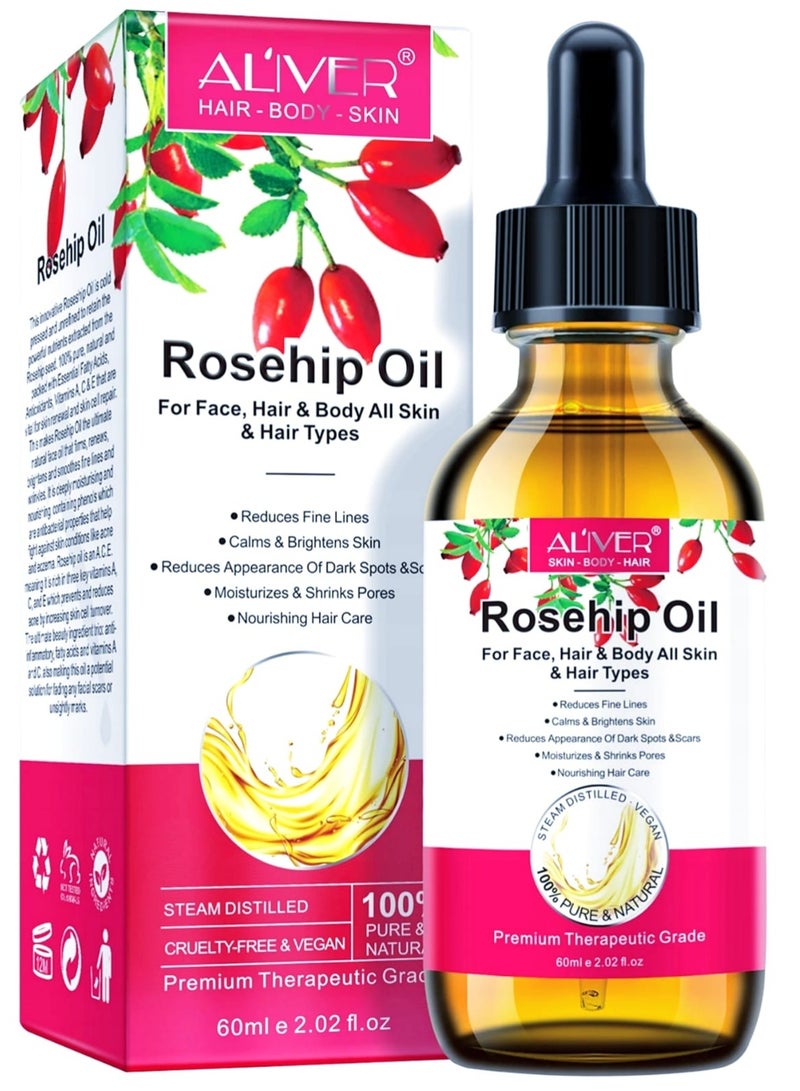 ALIVER Rosehip Oil 60ml, 100% Pure Rosehip seed Oil for Face with Vitamin C, Cold Pressed Rose hip Oil Organic for Stretch Marks,Hair,Skin,Fine Lines & Wrinkles - Image 1