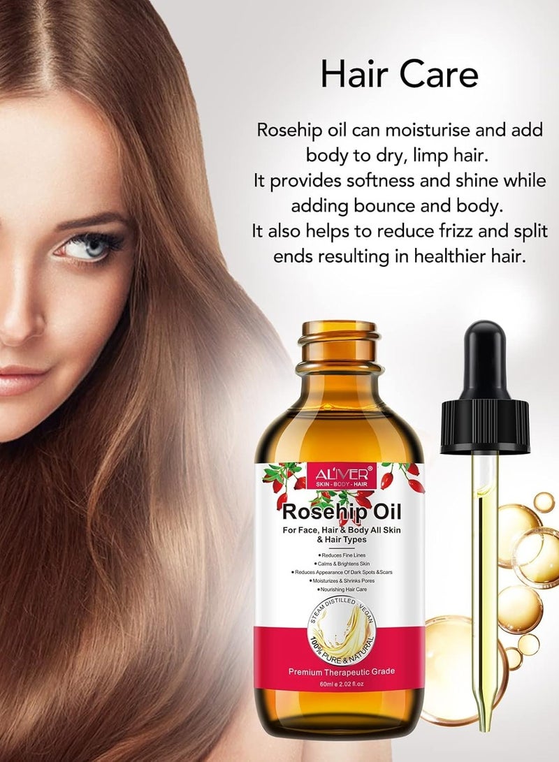 ALIVER Rosehip Oil 60ml, 100% Pure Rosehip seed Oil for Face with Vitamin C, Cold Pressed Rose hip Oil Organic for Stretch Marks,Hair,Skin,Fine Lines & Wrinkles - Image 3