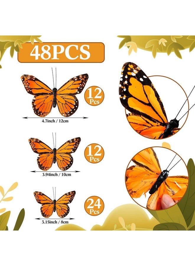 Chuangdi Feather Monarch Butterfly Decorations 3size Artificial Monarch Butterfly 3D Realistic Flying Butterfly Wall Decor for DIY Craft Home Wedding Party Fall Day of The Dead Decor(Orange,48 Pcs) - Image 2