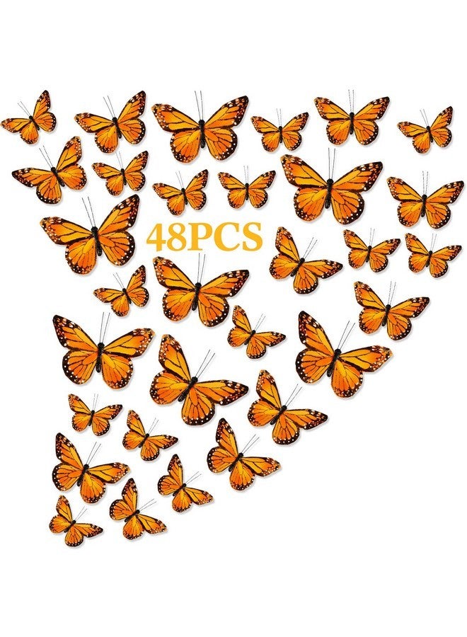 Chuangdi Feather Monarch Butterfly Decorations 3size Artificial Monarch Butterfly 3D Realistic Flying Butterfly Wall Decor for DIY Craft Home Wedding Party Fall Day of The Dead Decor(Orange,48 Pcs) - Image 1