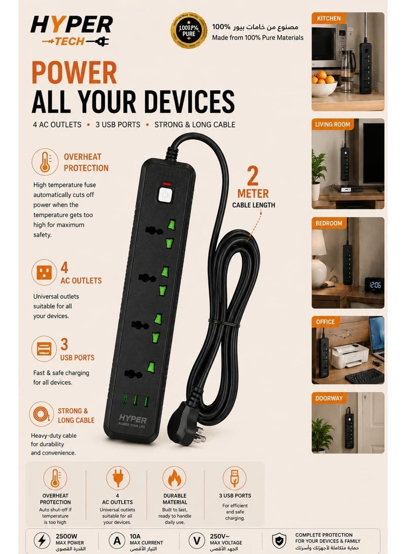 HYPERTECH HYPER Power Strip 4 AC Outlets + 3 USB Ports with 2M Cable & Overheat Protection - Image 2