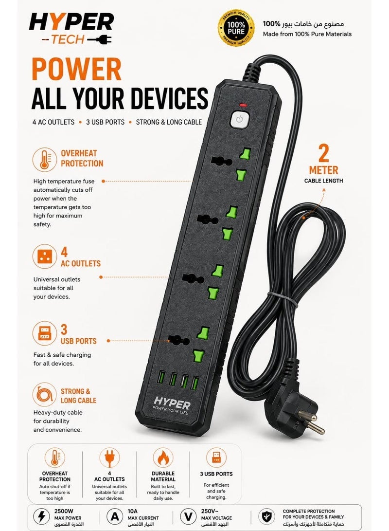 HYPERTECH HYPER Power Strip 4 AC Outlets + 3 USB Ports with 2M Cable & Overheat Protection - Image 1