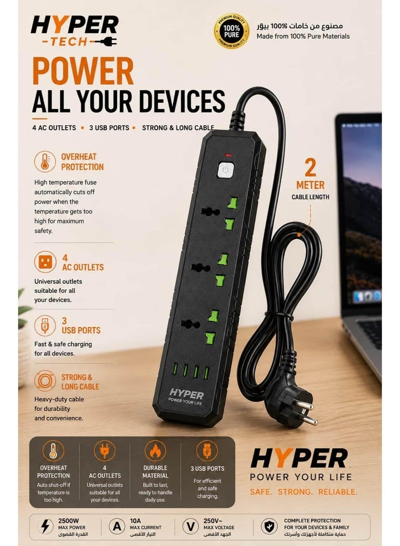 HYPERTECH HYPER Power Strip 4 AC Outlets + 3 USB Ports with 2M Cable & Overheat Protection - Image 3
